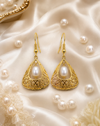 Gold Plated Brass Basket Drop Earrings with White Stone | Elegant Filigree Dangle Earrings for Women