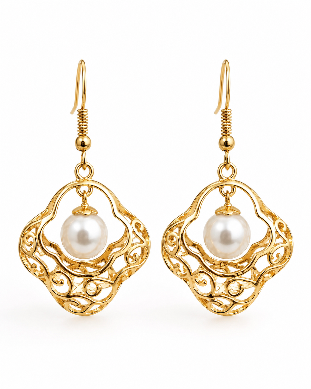 Gold Plated Brass Basket Drop Earrings with White Stone, Elegant Filigree Dangle Earrings for Women