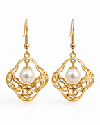 Gold Plated Brass Basket Drop Earrings with White Stone, Elegant Filigree Dangle Earrings for Women