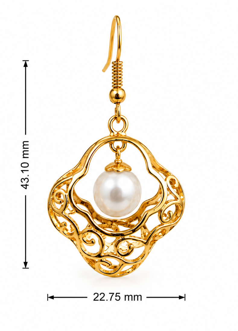 Gold Plated Brass Basket Drop Earrings with White Stone, Elegant Filigree Dangle Earrings for Women