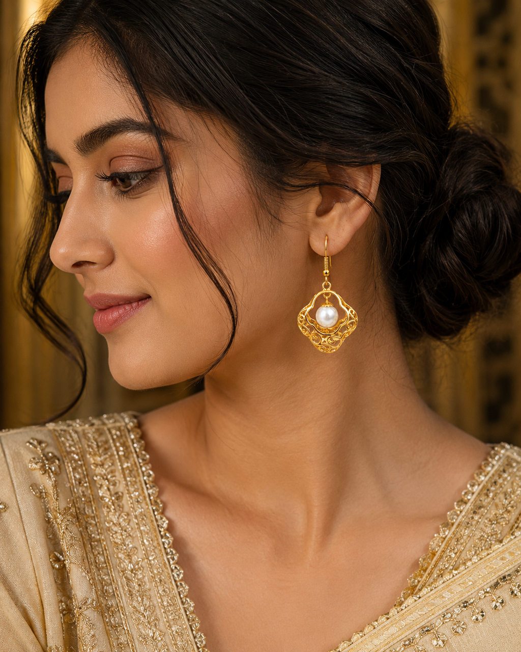 Gold Plated Brass Basket Drop Earrings with White Stone, Elegant Filigree Dangle Earrings for Women