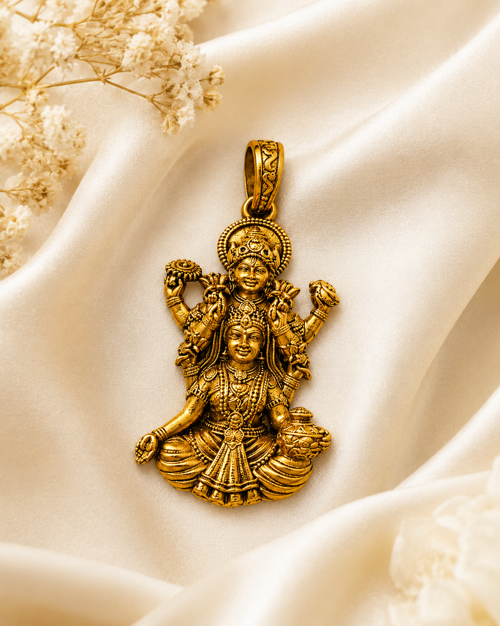 Traditional Lakshmi Narayan Pendant in Antique Gold Finish for Men & Women