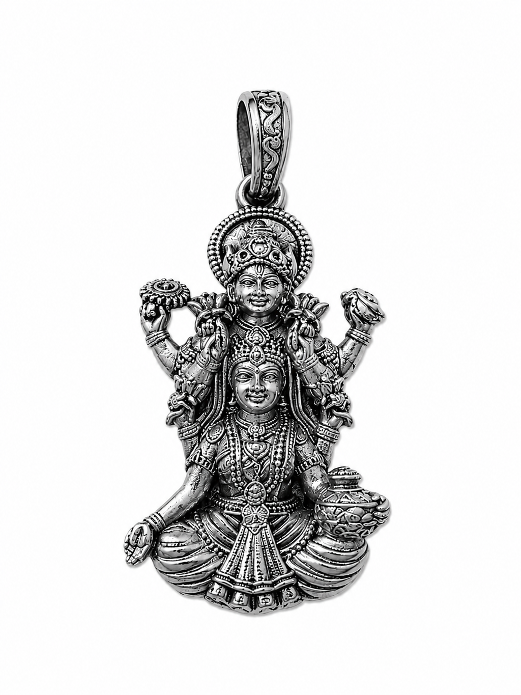 Silver Finish Vishnu Lakshmi Pendant Traditional Hindu Divine Couple Pendant