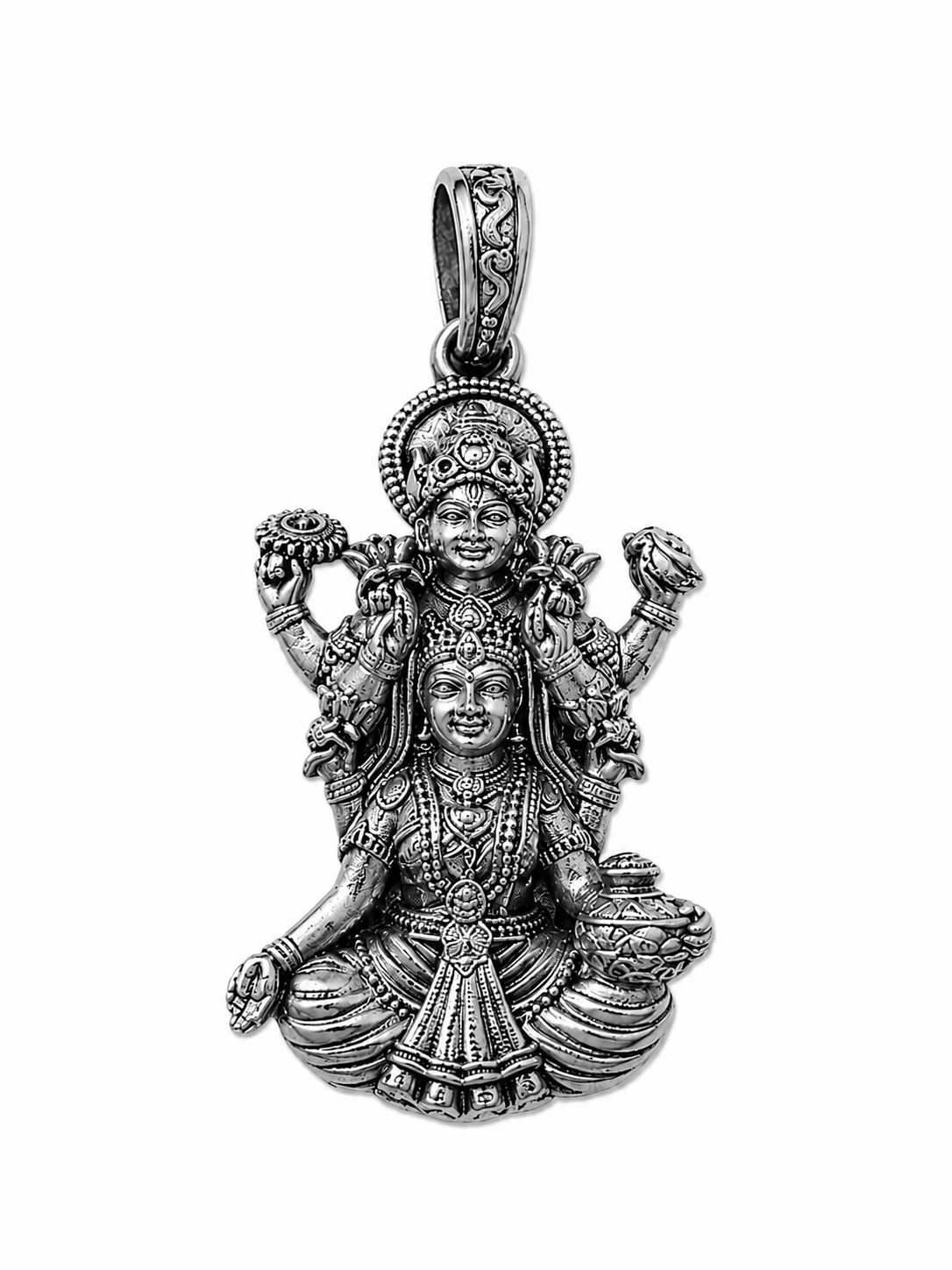 Silver Finish Vishnu Lakshmi Pendant Traditional Hindu Divine Couple Pendant