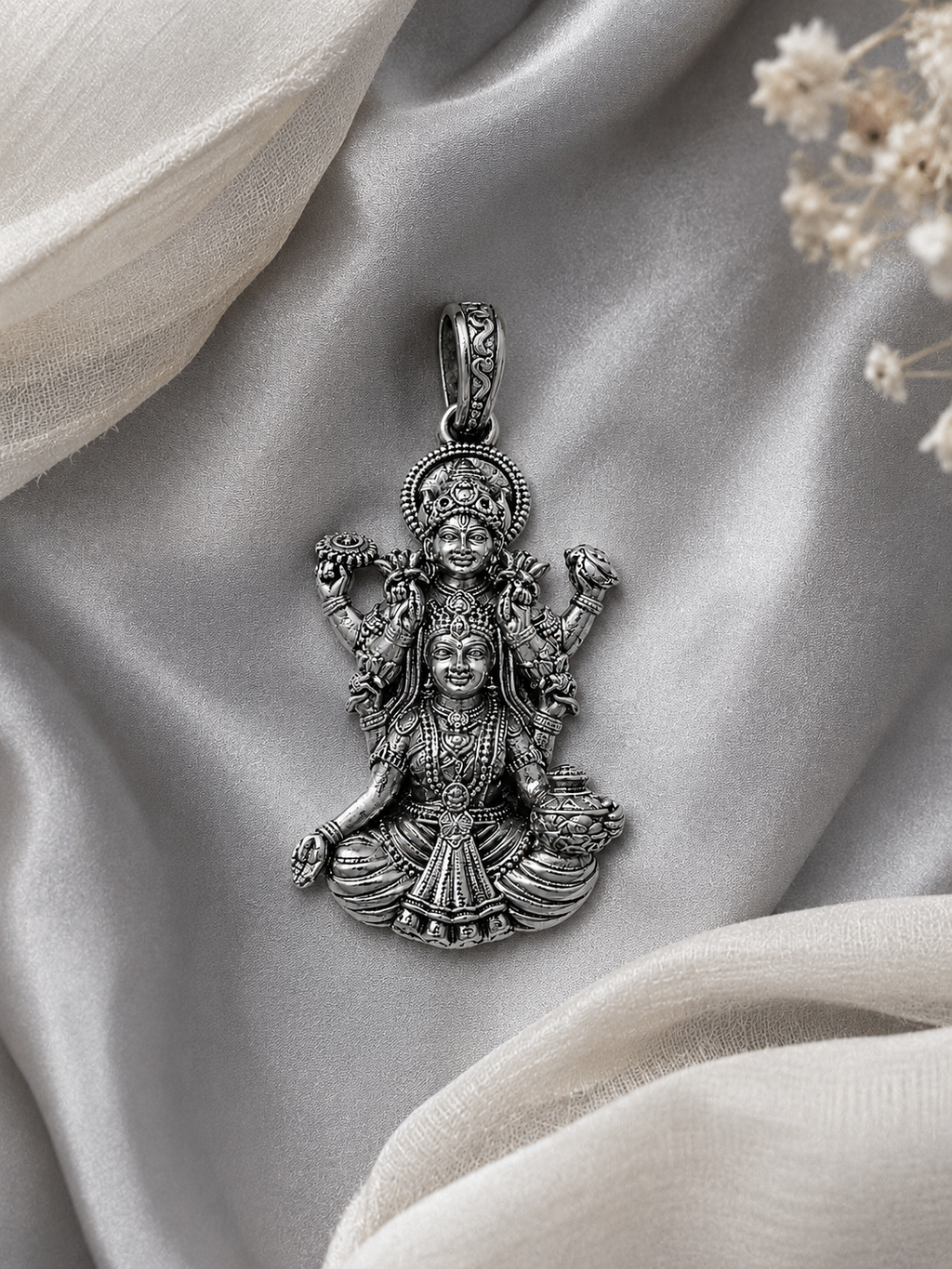 Silver Finish Vishnu Lakshmi Pendant Traditional Hindu Divine Couple Pendant