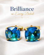 Teal Blue Crystal Stone Gold Plated Cufflinks for Men | Premium Cushion Cut Formal Shirt Cuff Links | Elegant Wedding & Party Accessories