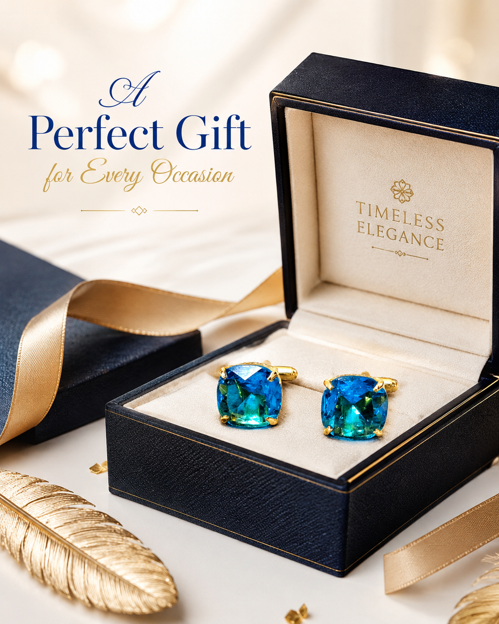 Teal Blue Crystal Stone Gold Plated Cufflinks for Men | Premium Cushion Cut Formal Shirt Cuff Links | Elegant Wedding & Party Accessories