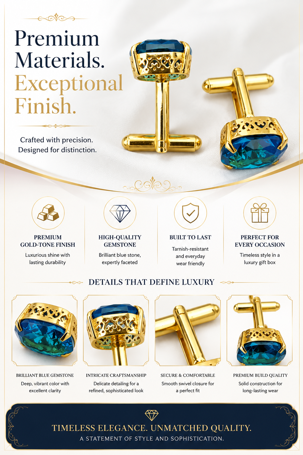 Teal Blue Crystal Stone Gold Plated Cufflinks for Men | Premium Cushion Cut Formal Shirt Cuff Links | Elegant Wedding & Party Accessories