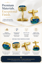Teal Blue Crystal Stone Gold Plated Cufflinks for Men | Premium Cushion Cut Formal Shirt Cuff Links | Elegant Wedding & Party Accessories