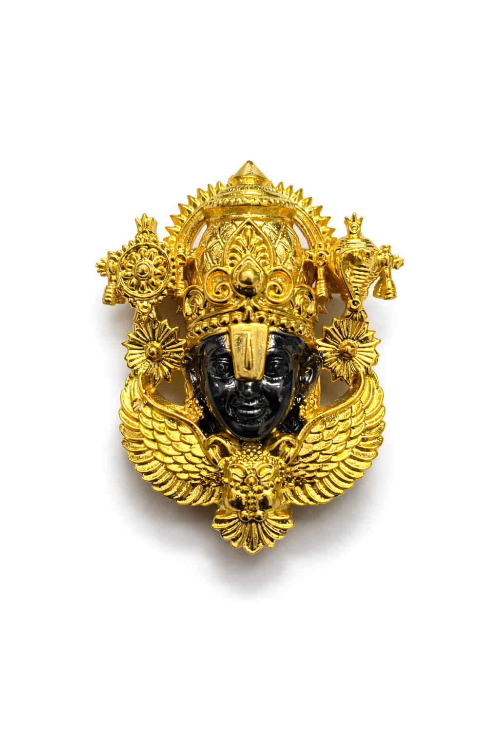 Tirupati Balaji Gold Plated Brass Brooch with Black Rhodium Face | Lord Venkateswara Spiritual Brooch Pin | Traditional Temple Jewellery for Men & Women