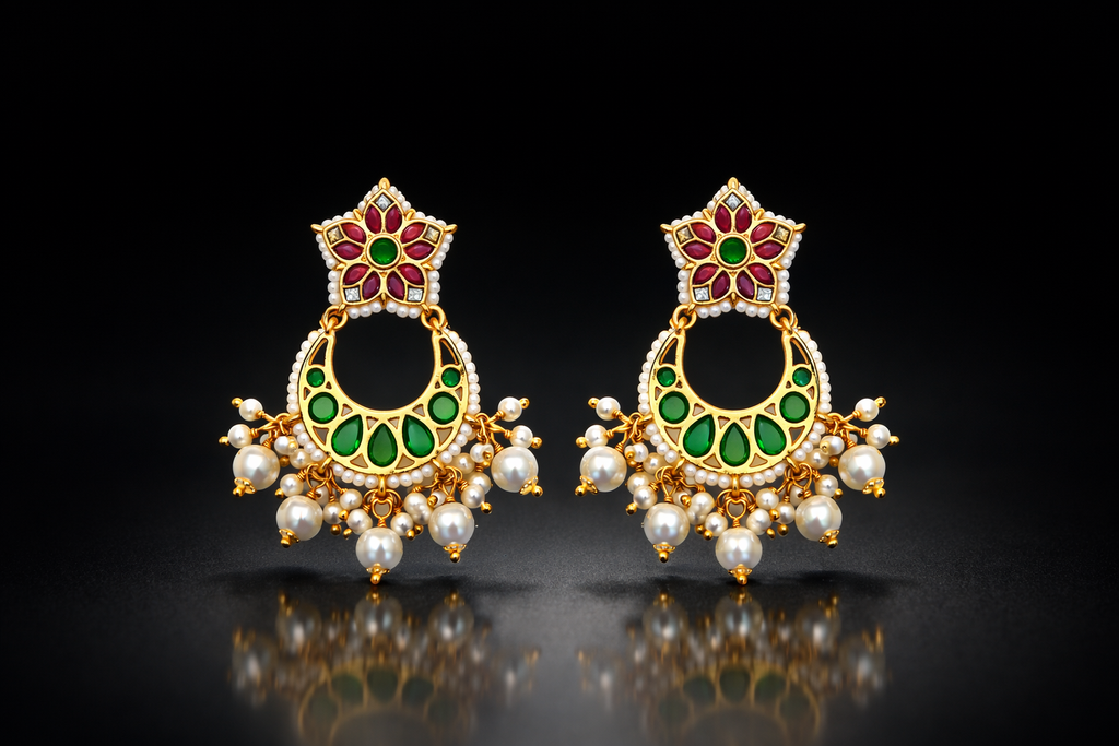 Gold Plated Kundan Chandbali Earrings with Pearl Drops for Women | Traditional Indian Wedding Jewellery | Screw Back Brass Earrings