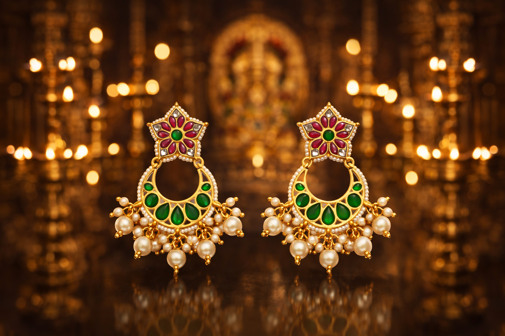 Gold Plated Kundan Chandbali Earrings with Pearl Drops for Women | Traditional Indian Wedding Jewellery | Screw Back Brass Earrings