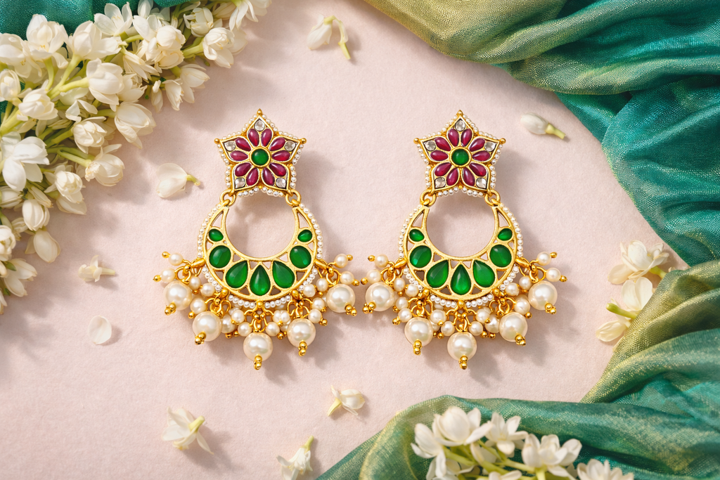 Gold Plated Kundan Chandbali Earrings with Pearl Drops for Women | Traditional Indian Wedding Jewellery | Screw Back Brass Earrings