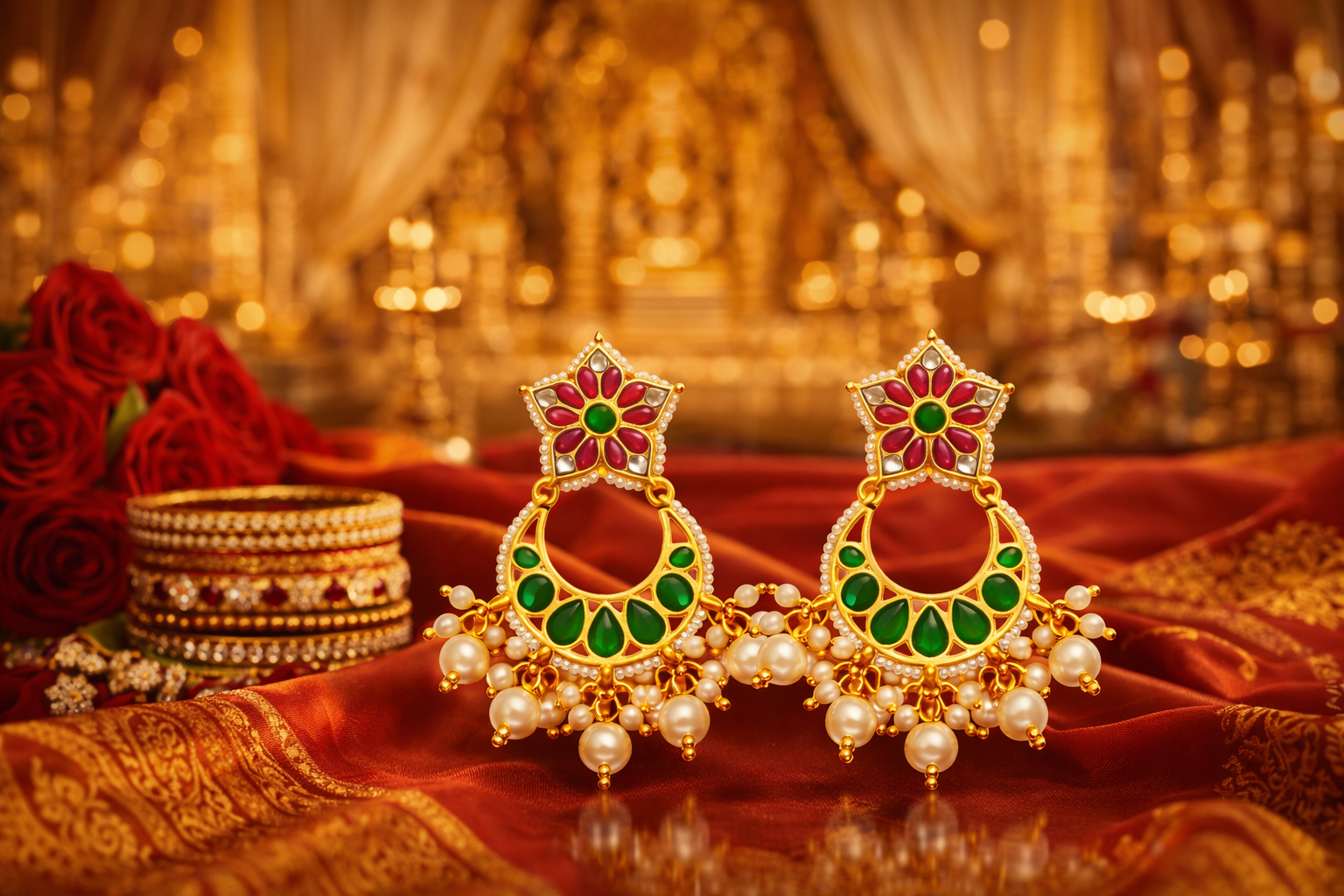 Gold Plated Kundan Chandbali Earrings with Pearl Drops for Women | Traditional Indian Wedding Jewellery | Screw Back Brass Earrings
