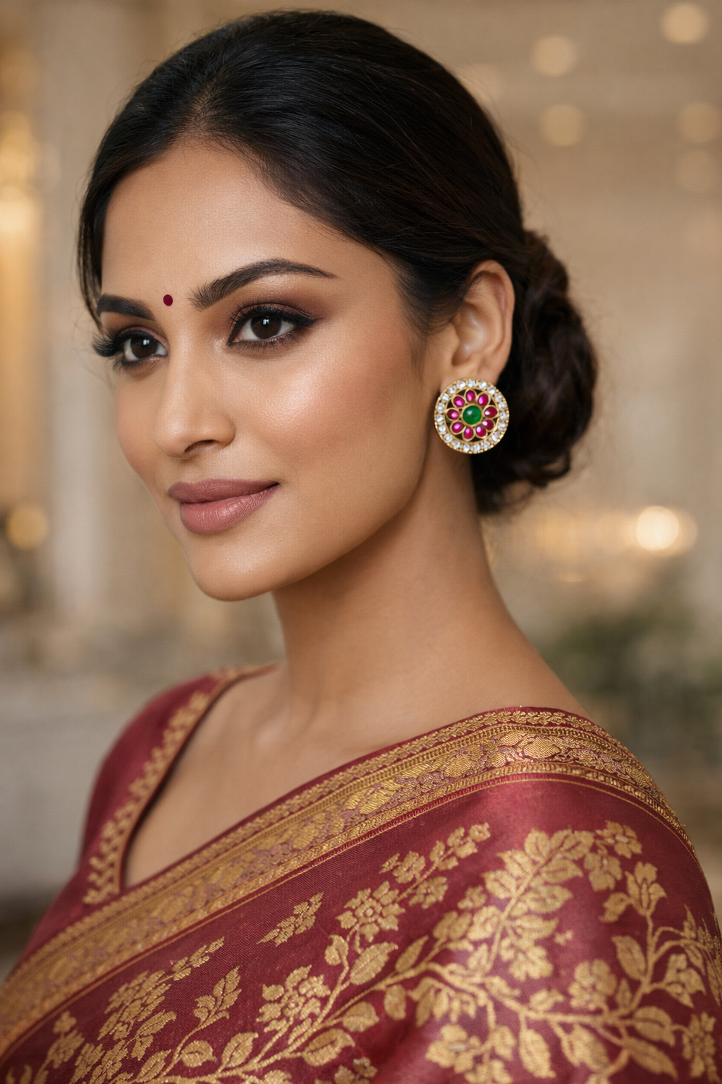Gold Plated Brass Floral kundan  Stud Earrings with Red & Green Stones – Traditional Indian Ethnic Jewelry