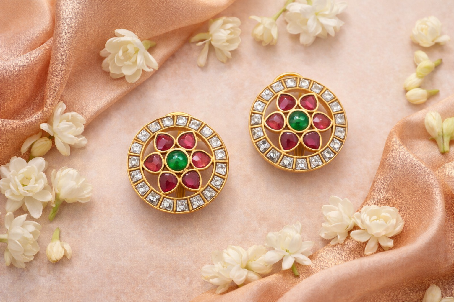 Gold Plated Brass Floral kundan  Stud Earrings with Red & Green Stones – Traditional Indian Ethnic Jewelry
