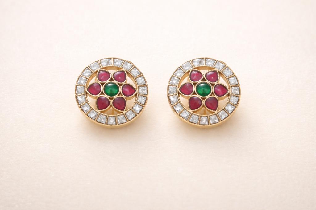 Gold Plated Brass Floral kundan  Stud Earrings with Red & Green Stones – Traditional Indian Ethnic Jewelry