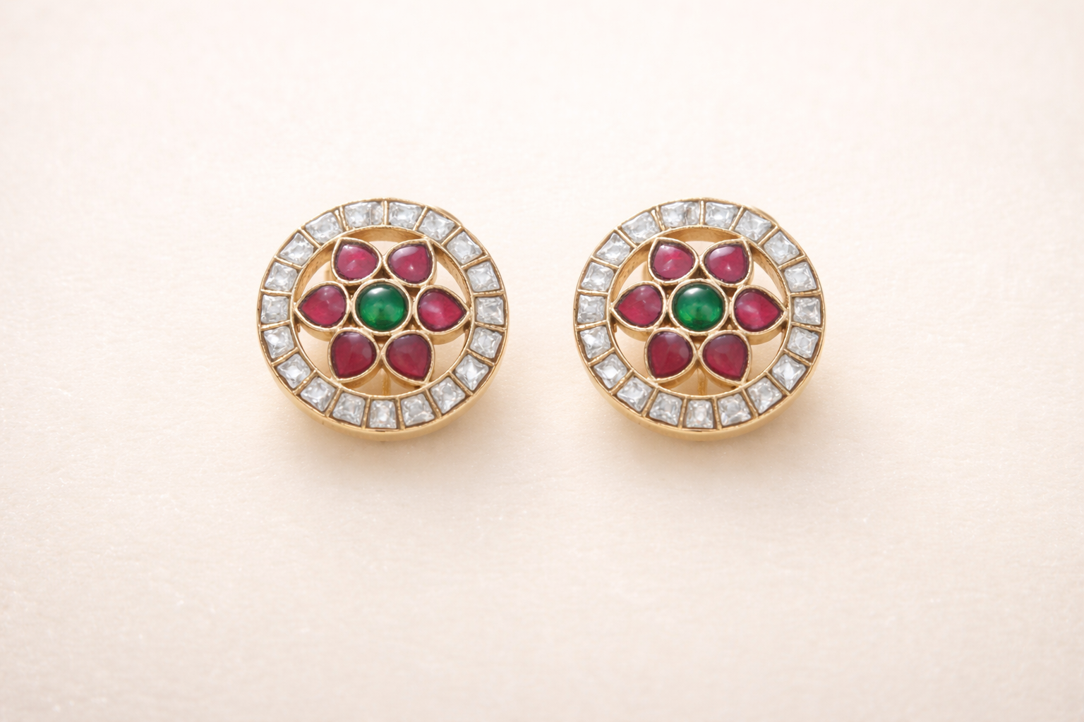 Gold Plated Brass Floral kundan  Stud Earrings with Red & Green Stones – Traditional Indian Ethnic Jewelry