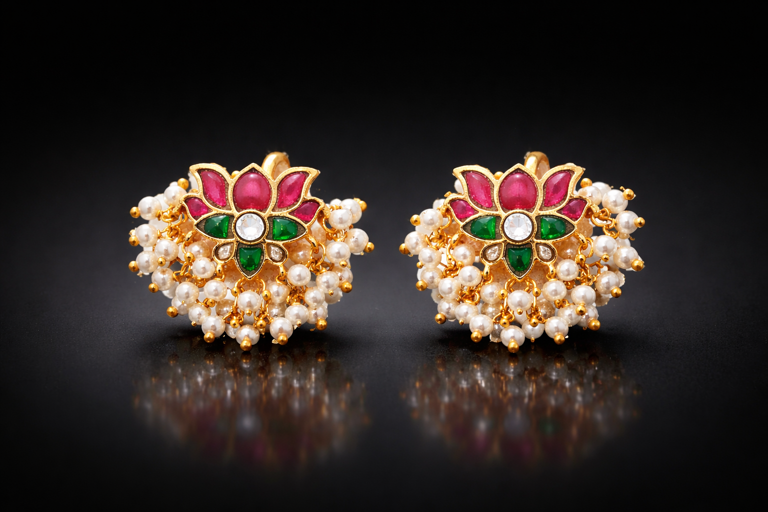 Gold Plated Kundan Pearl Floral Cuff Earrings – Traditional Indian Ethnic Jewelry