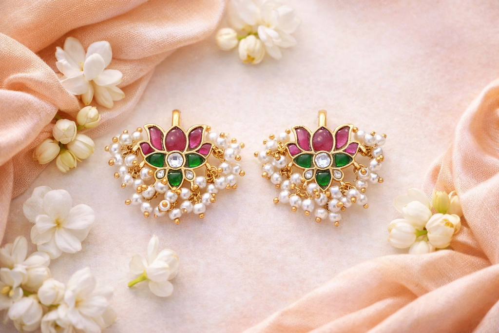 Gold Plated Kundan Pearl Floral Cuff Earrings – Traditional Indian Ethnic Jewelry