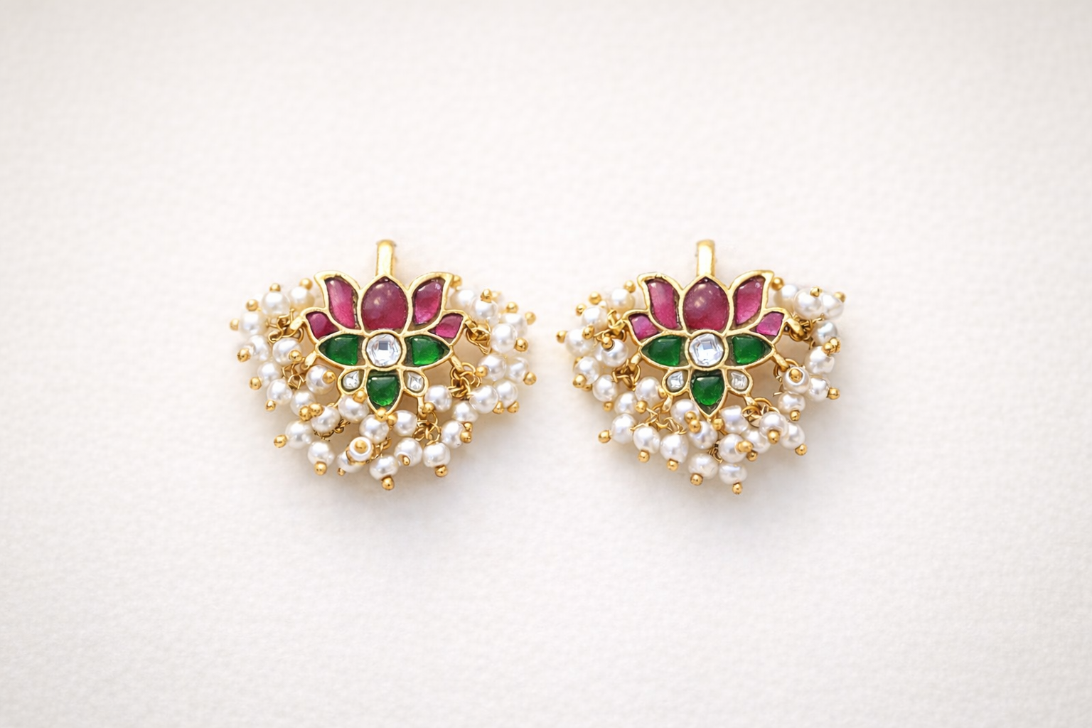 Gold Plated Kundan Pearl Floral Cuff Earrings – Traditional Indian Ethnic Jewelry