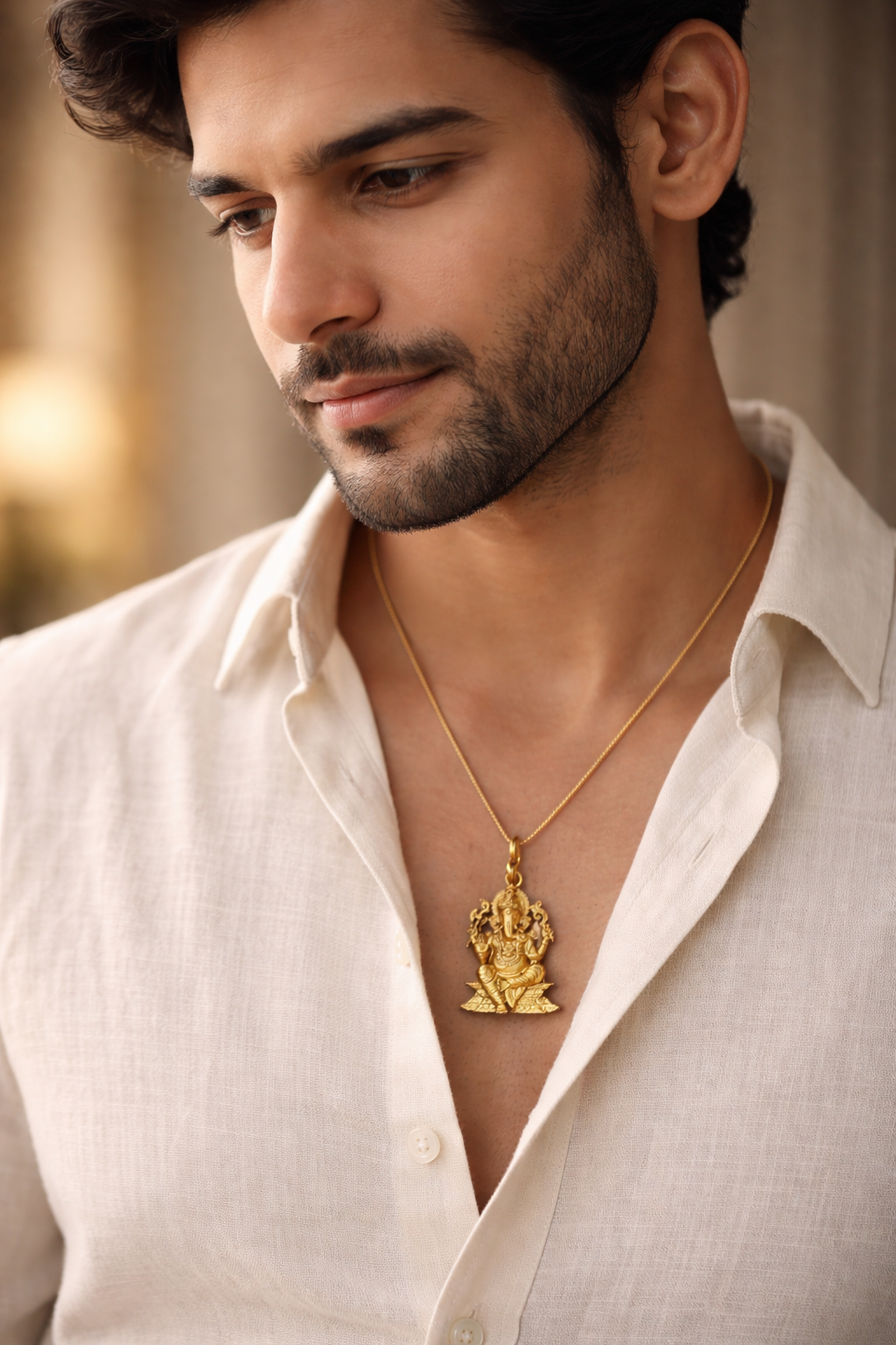 Gold Plated Lord Ganesha Sitting Pendant | Antique Finish Ganpati Idol Necklace Charm | Spiritual Religious Jewelry for Men & Women