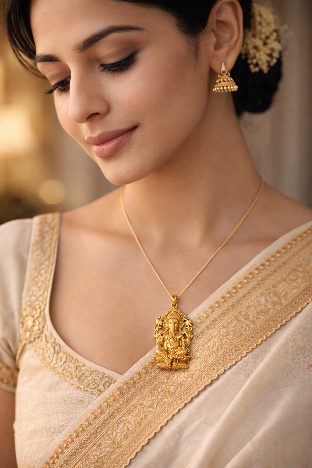 Gold Plated Lord Ganesha Sitting Pendant | Antique Finish Ganpati Idol Necklace Charm | Spiritual Religious Jewelry for Men & Women