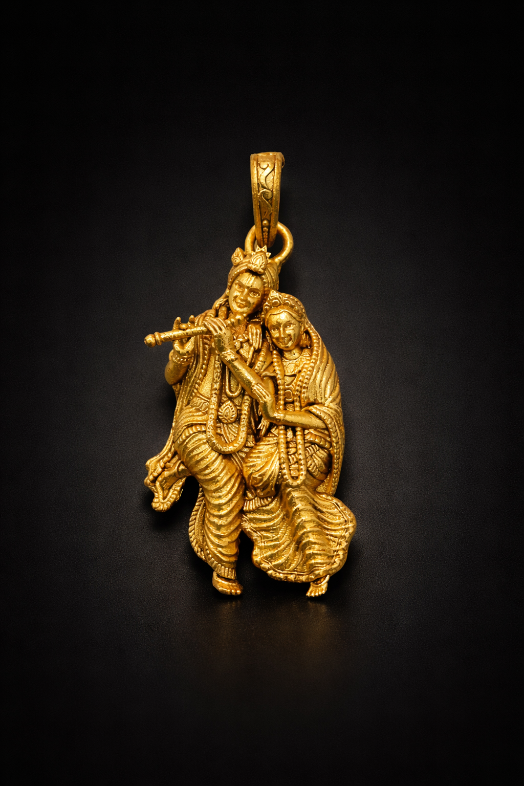Gold Plated Radha Krishna Pendant | Krishna Flute Couple Design Necklace Charm | Spiritual Religious Jewelry for Men & Women
