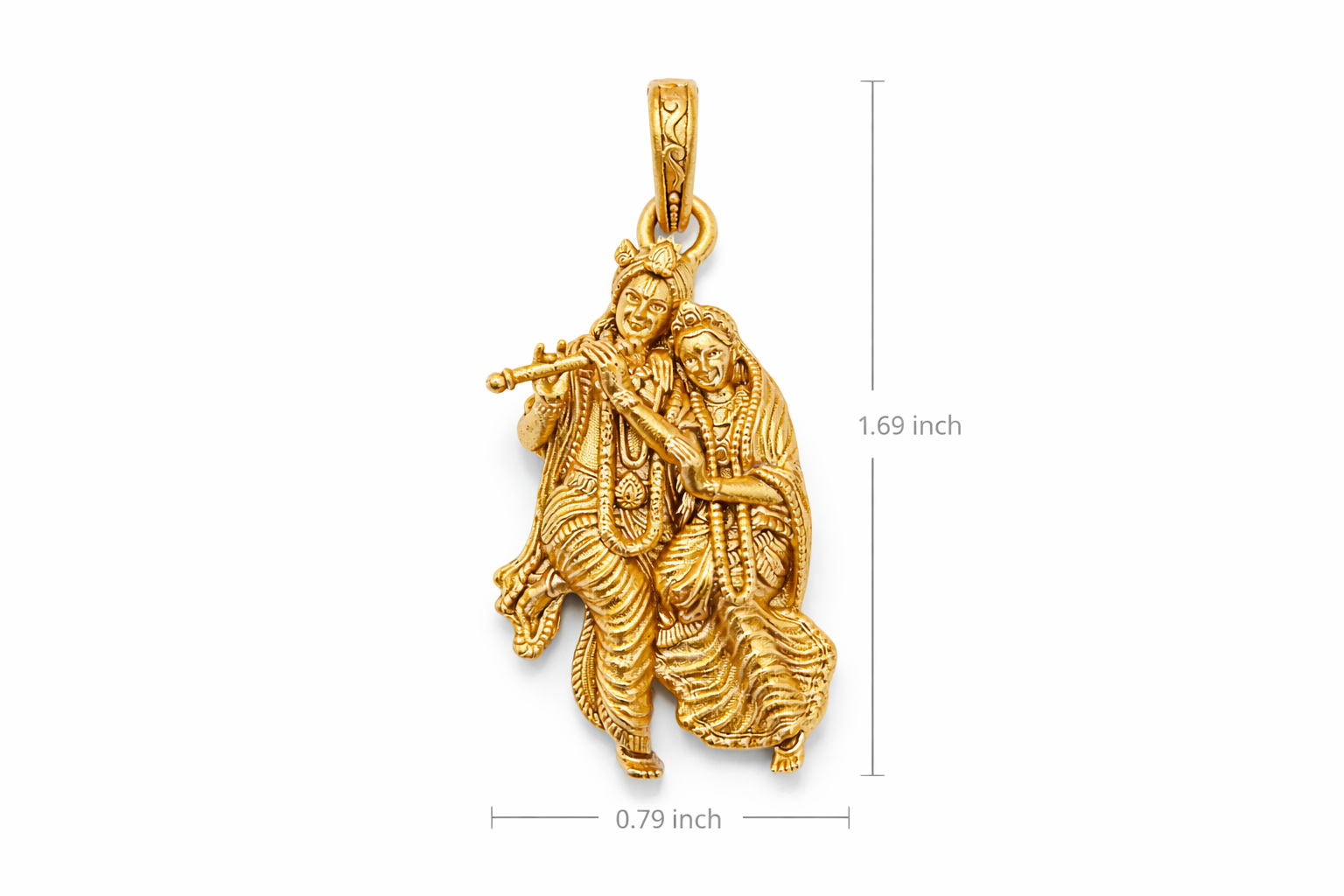 Gold Plated Radha Krishna Pendant | Krishna Flute Couple Design Necklace Charm | Spiritual Religious Jewelry for Men & Women
