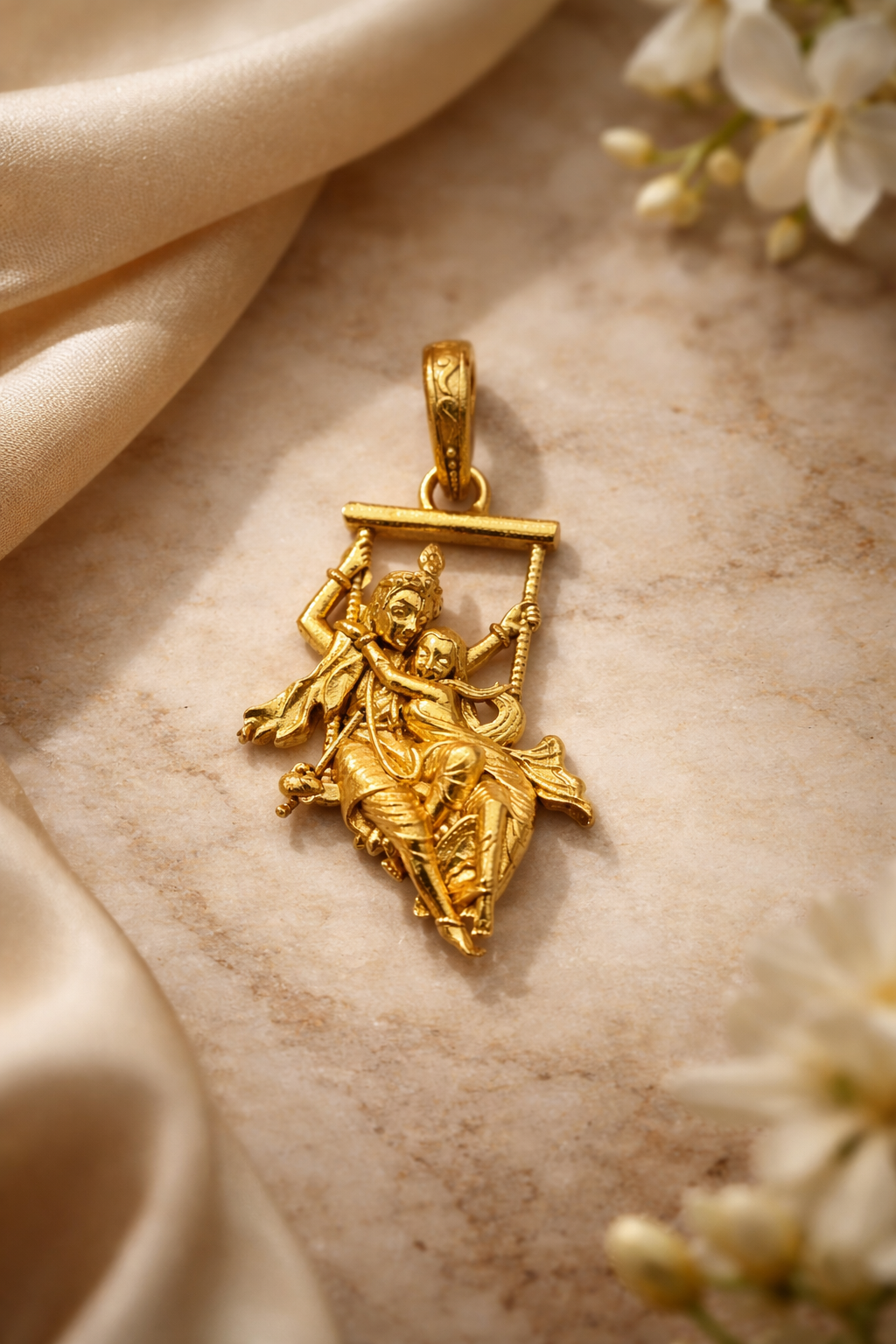 Gold Plated Radha Krishna Jhula Pendant | Swing Design Krishna Couple Necklace Charm | Spiritual Religious Jewelry for Men & Women