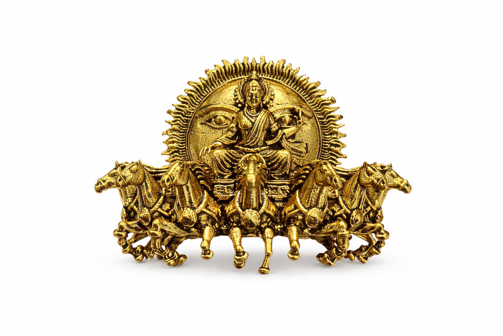Gold Plated Surya Narayan Brooch | Sun God with Seven Horses Design | Spiritual Hindu Pin for Ethnic & Festive Wear