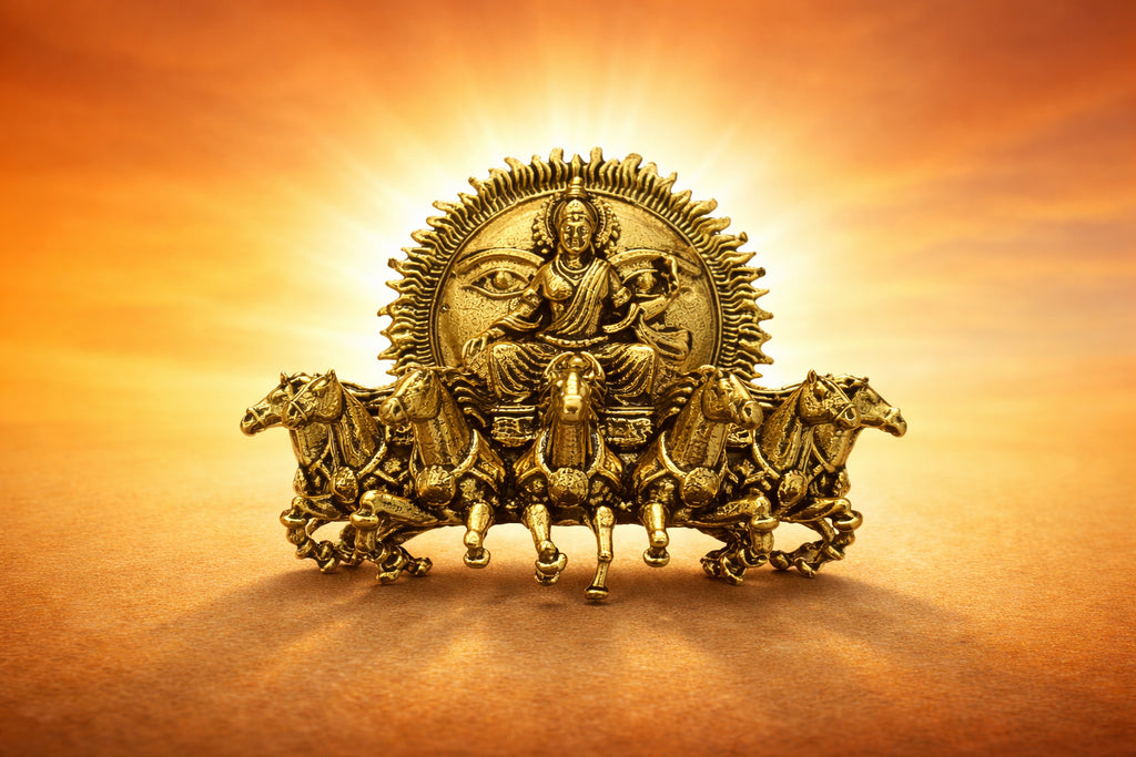 Gold Plated Surya Narayan Brooch | Sun God with Seven Horses Design | Spiritual Hindu Pin for Ethnic & Festive Wear