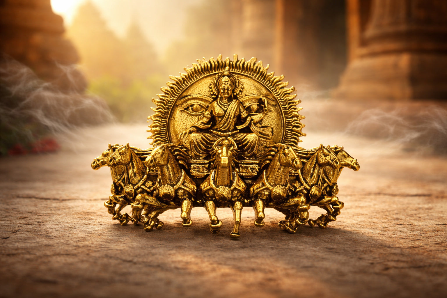 Gold Plated Surya Narayan Brooch | Sun God with Seven Horses Design | Spiritual Hindu Pin for Ethnic & Festive Wear