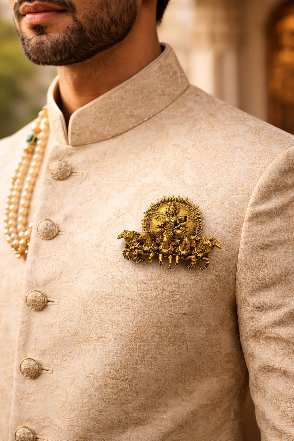 Gold Plated Surya Narayan Brooch | Sun God with Seven Horses Design | Spiritual Hindu Pin for Ethnic & Festive Wear