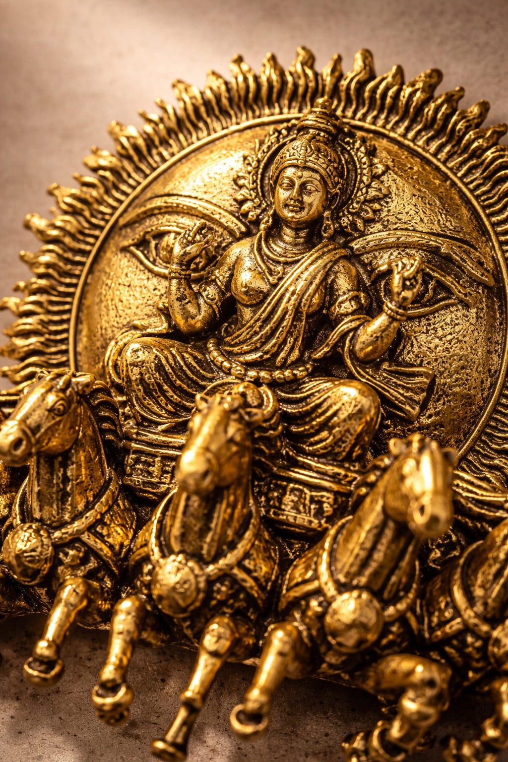 Gold Plated Surya Narayan Brooch | Sun God with Seven Horses Design | Spiritual Hindu Pin for Ethnic & Festive Wear