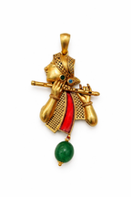 Gold Plated Lord Krishna Flute Pendant | Kanha Bansuri Design Necklace Charm with Green Bead | Spiritual Religious Jewelry
