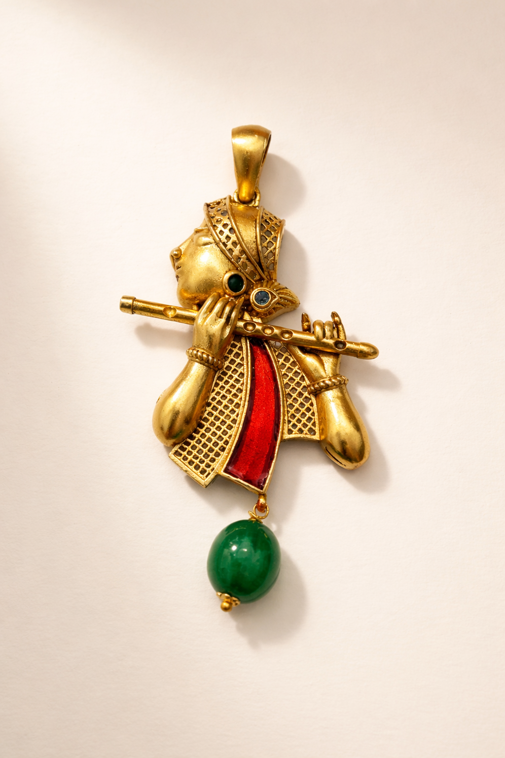 Gold Plated Lord Krishna Flute Pendant | Kanha Bansuri Design Necklace Charm with Green Bead | Spiritual Religious Jewelry