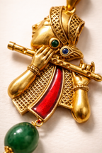 Gold Plated Lord Krishna Flute Pendant | Kanha Bansuri Design Necklace Charm with Green Bead | Spiritual Religious Jewelry