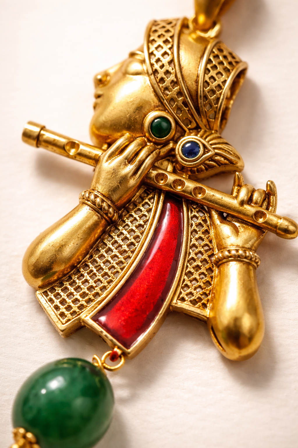 Gold Plated Lord Krishna Flute Pendant | Kanha Bansuri Design Necklace Charm with Green Bead | Spiritual Religious Jewelry