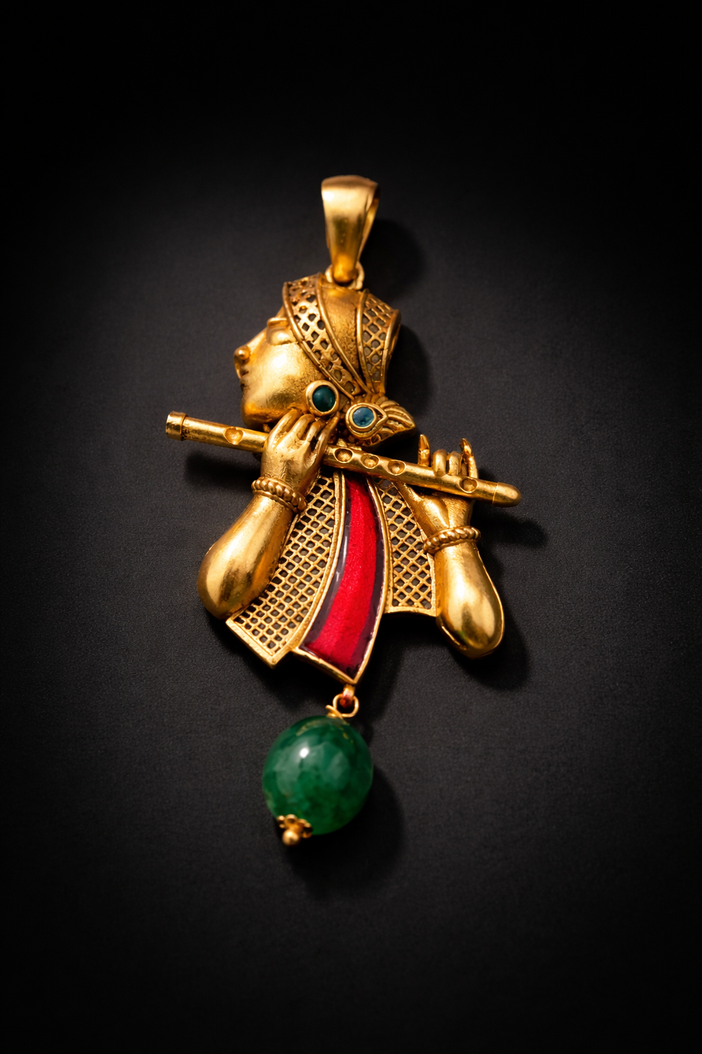 Gold Plated Lord Krishna Flute Pendant | Kanha Bansuri Design Necklace Charm with Green Bead | Spiritual Religious Jewelry
