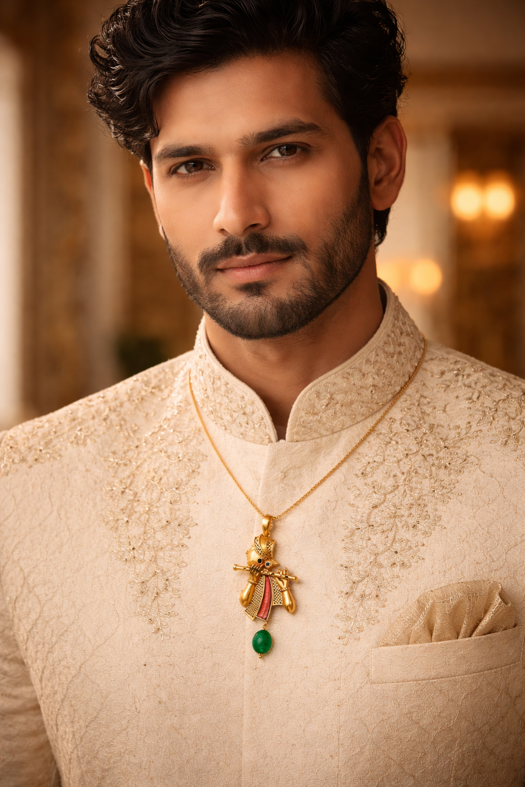 Gold Plated Lord Krishna Flute Pendant | Kanha Bansuri Design Necklace Charm with Green Bead | Spiritual Religious Jewelry