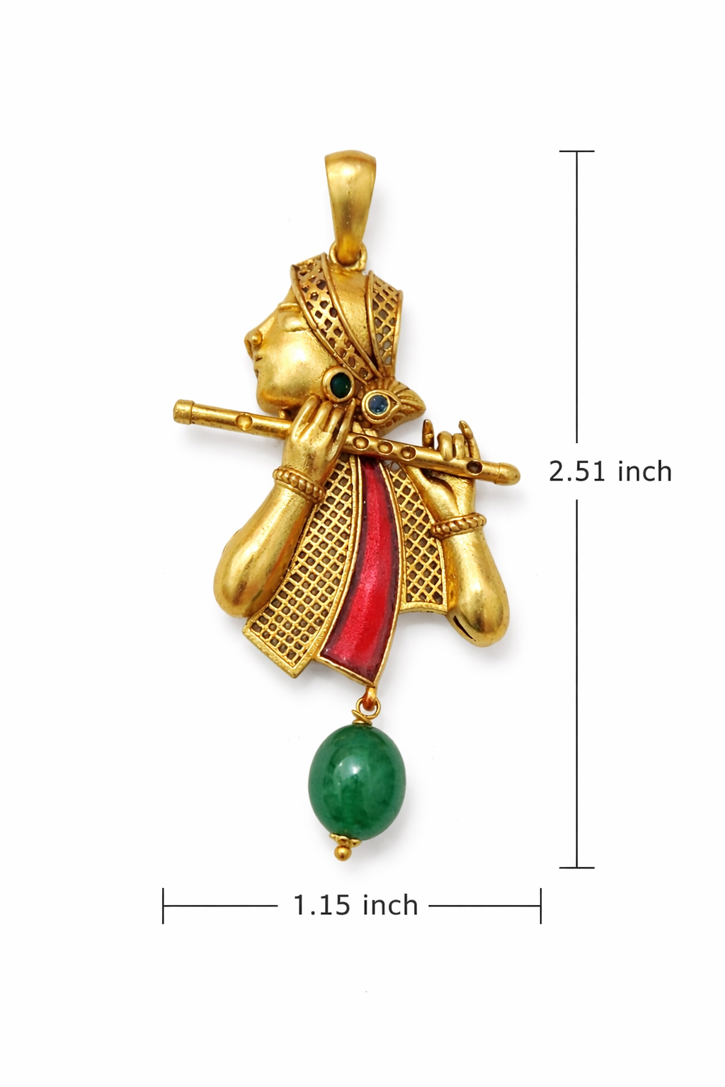 Gold Plated Lord Krishna Flute Pendant | Kanha Bansuri Design Necklace Charm with Green Bead | Spiritual Religious Jewelry