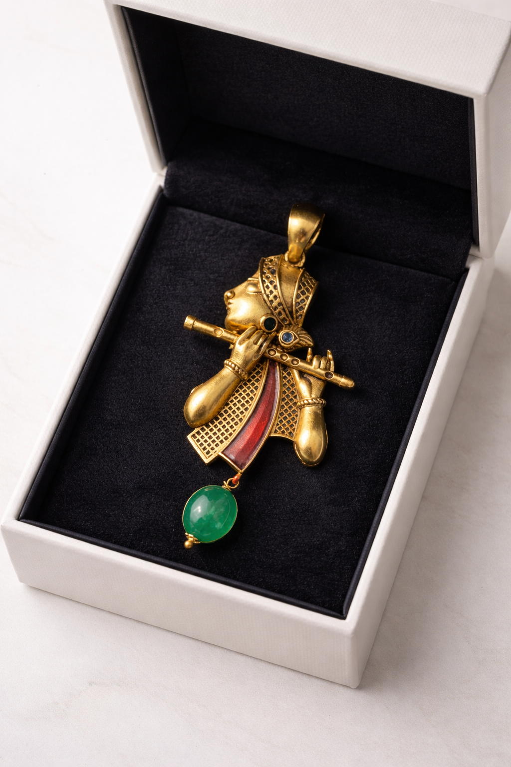 Gold Plated Lord Krishna Flute Pendant | Kanha Bansuri Design Necklace Charm with Green Bead | Spiritual Religious Jewelry
