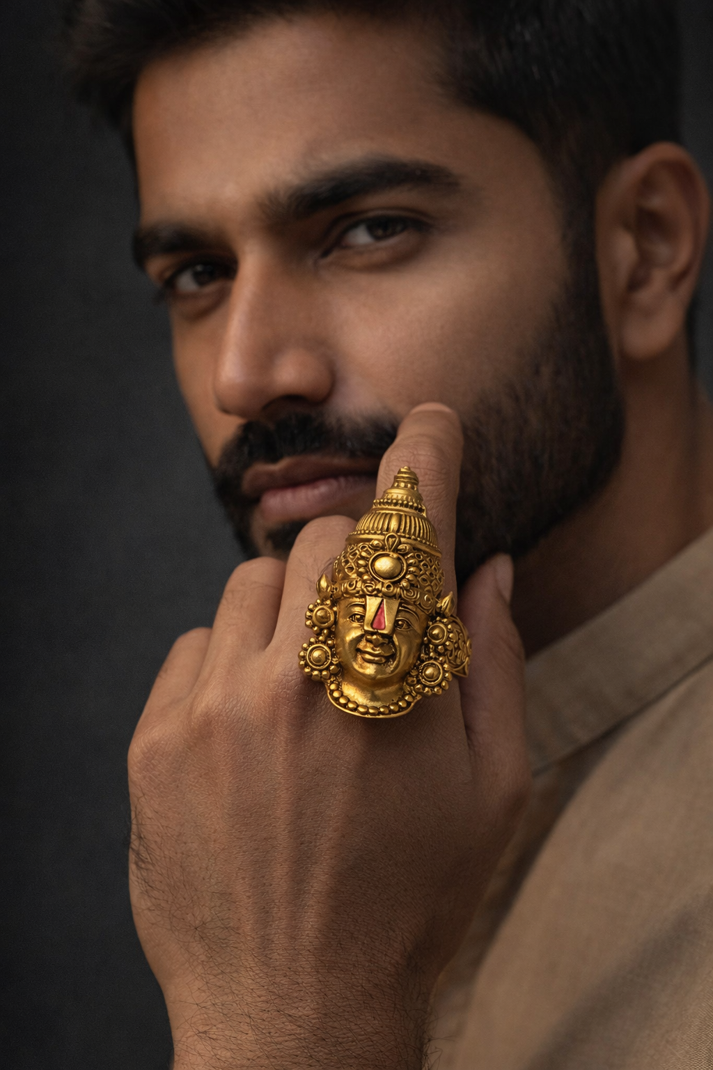 Tirupati Balaji Gold Plated Brass Ring for Men – Lord Venkateswara Temple Statement Ring (Made To Order)