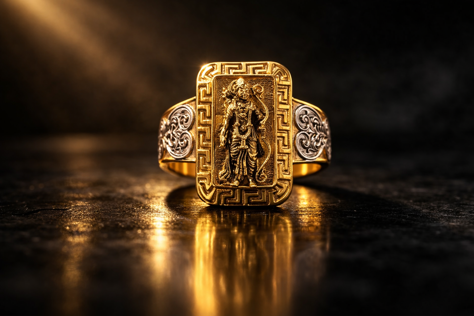 Shri Ram Gold Plated Brass Ring for Men – Hindu Temple Statement Ring with Engraved Lord Ram Design (Made to Order)