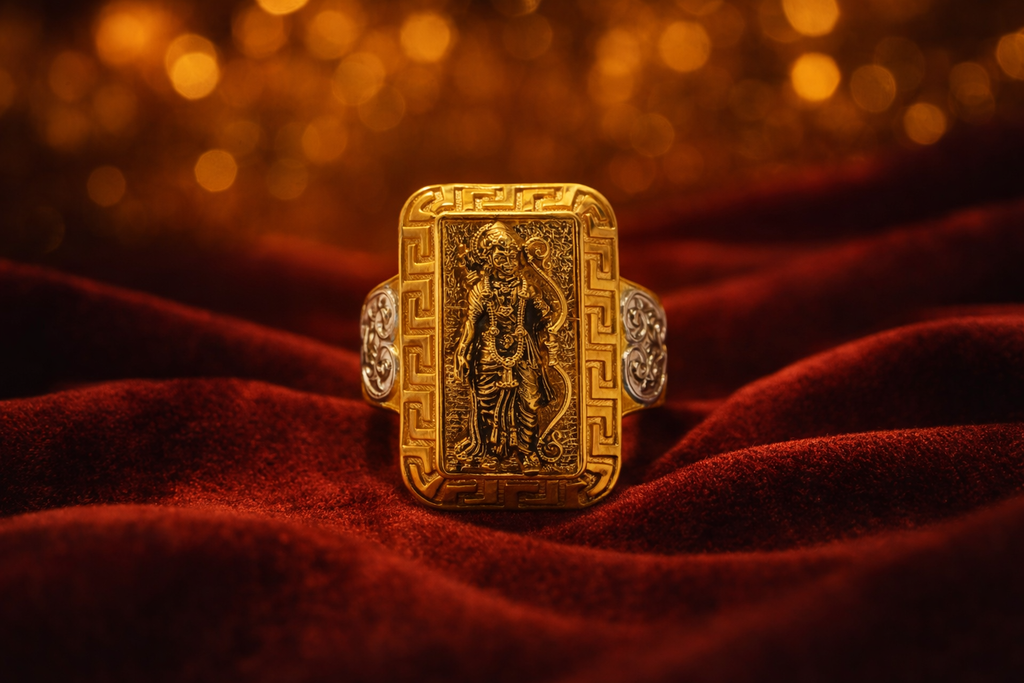 Shri Ram Gold Plated Brass Ring for Men – Hindu Temple Statement Ring with Engraved Lord Ram Design (Made to Order)