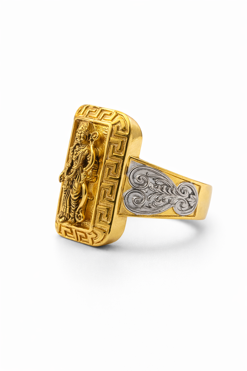 Shri Ram Gold Plated Brass Ring for Men – Hindu Temple Statement Ring with Engraved Lord Ram Design (Made to Order)
