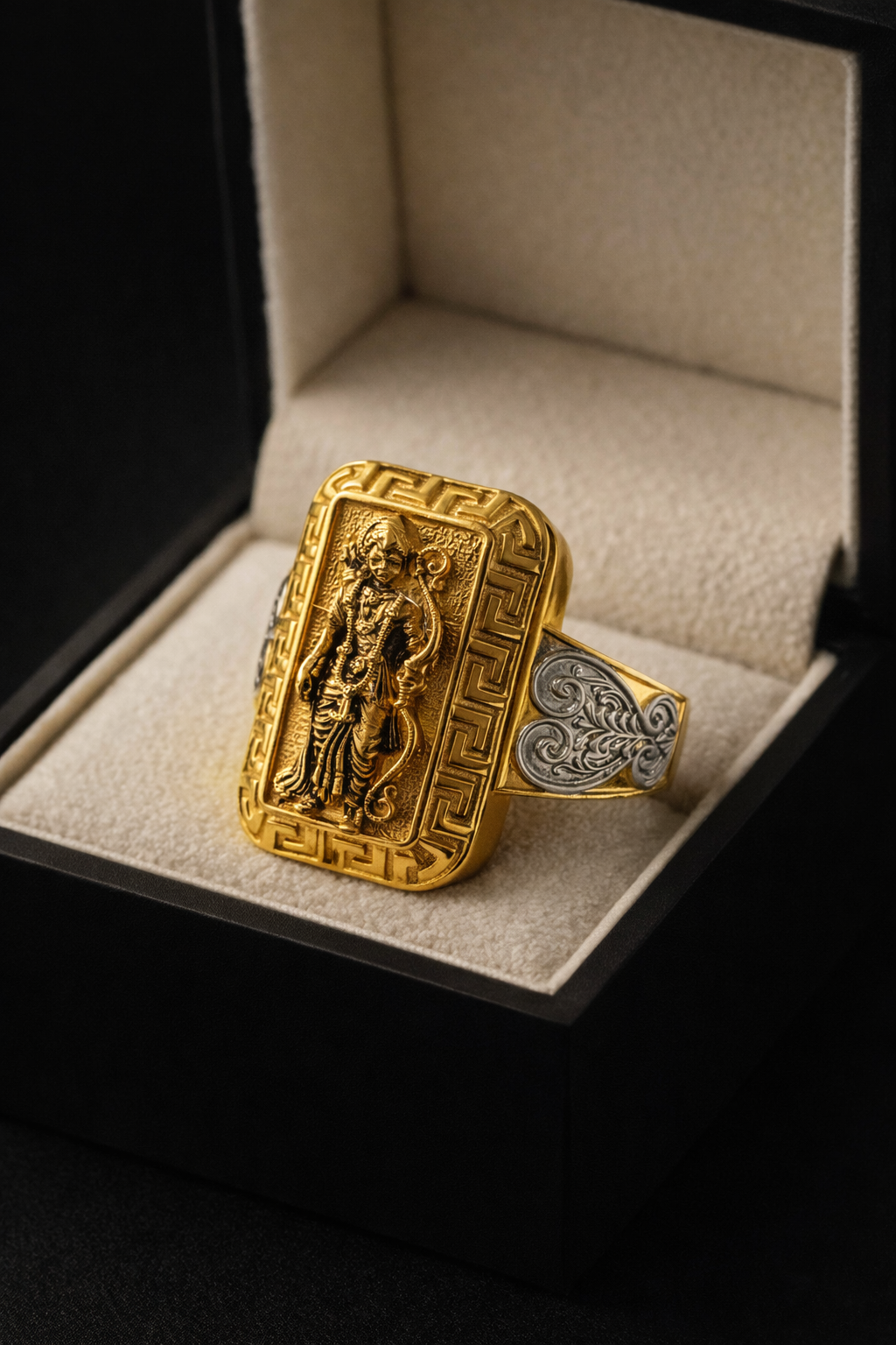 Shri Ram Gold Plated Brass Ring for Men – Hindu Temple Statement Ring with Engraved Lord Ram Design (Made to Order)