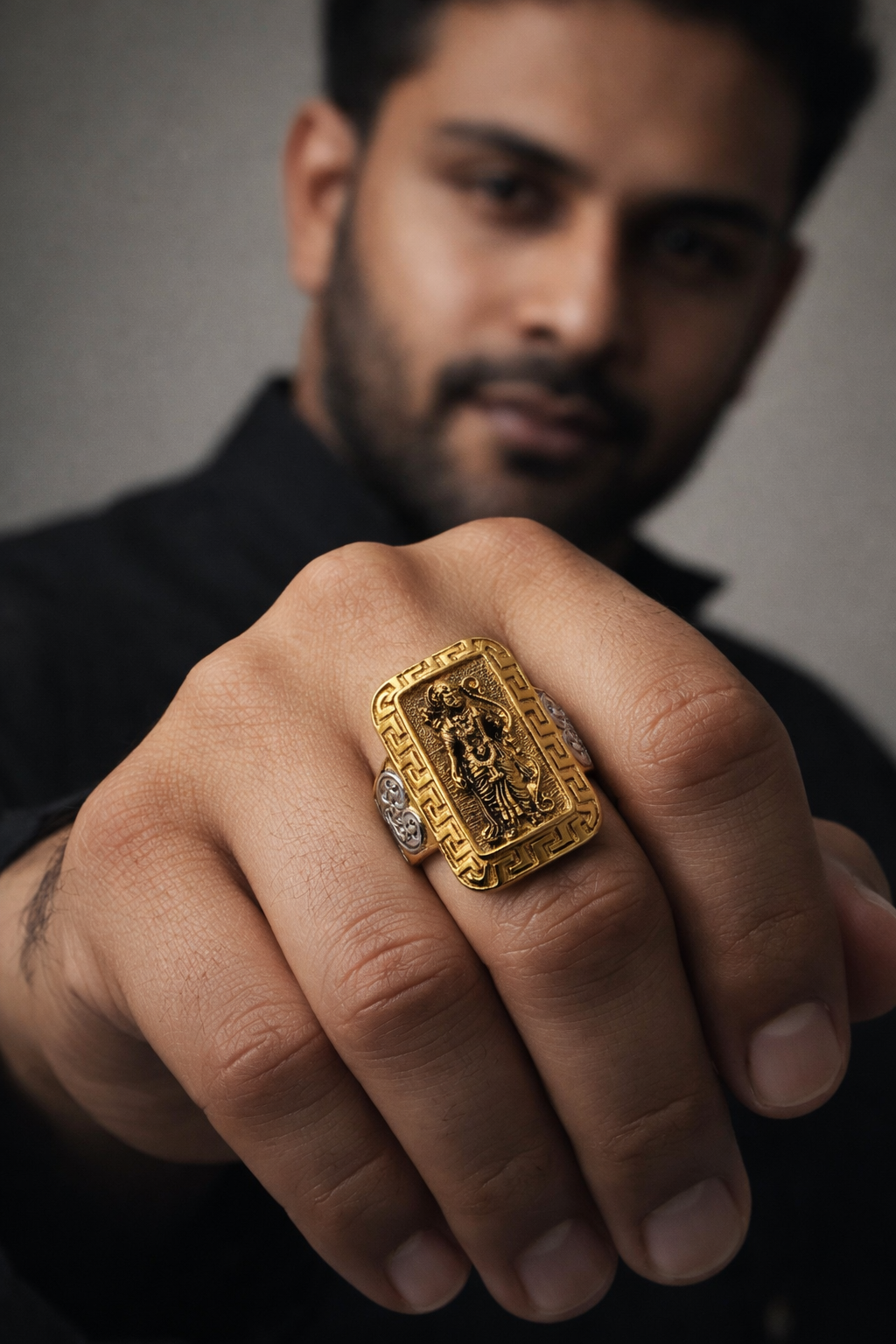 Shri Ram Gold Plated Brass Ring for Men – Hindu Temple Statement Ring with Engraved Lord Ram Design (Made to Order)