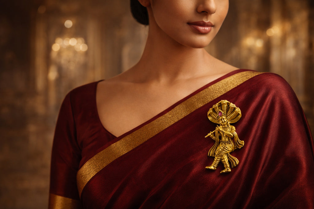 Gold Plated Lord Krishna Brooch | Flute Playing Krishna with Sheshnaag Design | Spiritual Ethnic Pin for Festive & Traditional Wear